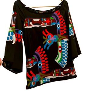 M Printed Shirt Women Summer 3/4 Bell Sleeve Ethnic Style Floral Dressy Blouse